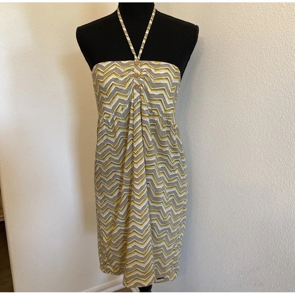 VTG Y2K Ecko Red UNLTD Dress L Halter Tank Tan Mustard Boho Beachy Babydoll Mini - Picture 15 of 15